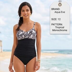 Aqua Eve Supportive Tummy Control Black and White Modest Swimsuit SZ Large